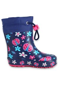 Blauwe rubberen regenlaars met een bloemen- en lieveheersbeestjespatroon, roze accenten, een trekkoord bovenaan en een gestructureerde zool voor grip.