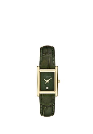 Rechteckige goldene Armbanduhr mit einem dunkelgrünen strukturierten Zifferblatt und passendem dunkelgrünen Lederarmband mit Datumsanzeige bei sechs Uhr.