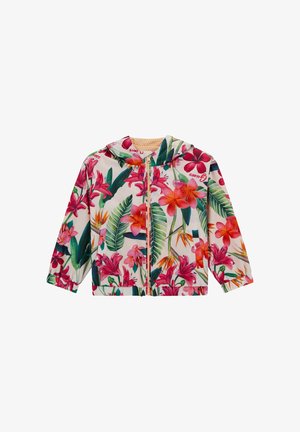 Giacca a cappuccio floreale con vivaci fiori rosa e arancioni su uno sfondo chiaro, dotata di zip frontale e polsini elasticizzati.