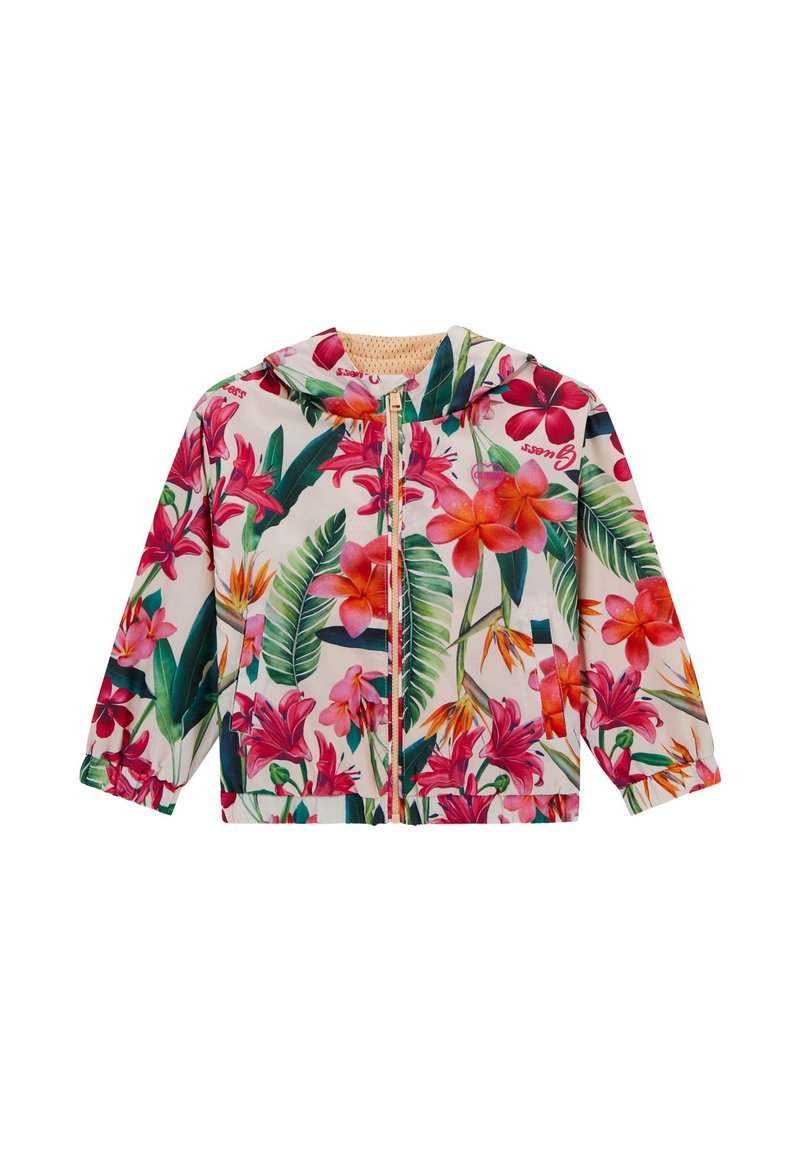 Floral hooded jacket featuring vibrant pink and orange flowers on a light background, with a front zipper and elastic cuffs.