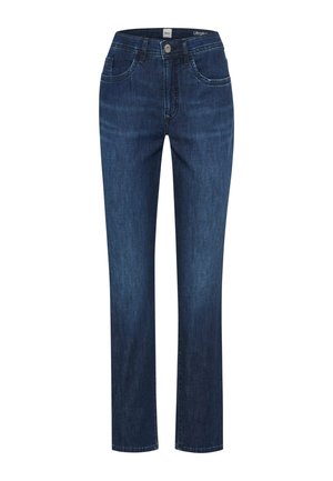 Mørkeblå jeans med lige ben, frontknap og lynlås, femlomme-stil, lavet af denimmateriale.