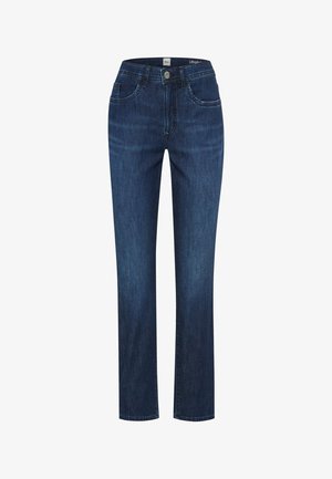 Jean droit bleu foncé avec bouton et fermeture éclair à l'avant, style cinq poches, en tissu denim.