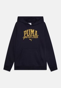 Pull à capuche bleu marine avec une poche kangourou à l'avant, des poignets côtelés et un imprimé doré "PUMA sports club" avec une finition usée.