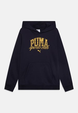 Felpa navy con cappuccio, dotata di tasca a marsupio frontale, polsini a costine e stampa dorata "PUMA sports club" con effetto invecchiato.