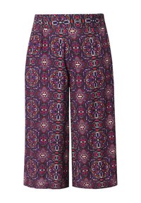 Bedruckte Culottes mit lila Grundfarbe und aufwendigen geometrischen Mustern in Rot, Weiß und Blau. Elastischer Bund, leichtes Material.
