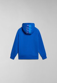 Felpa blu con una grande grafica stampata sul cappuccio. Presenta polsini e orlo a costine, realizzata in un tessuto morbido con una superficie liscia.