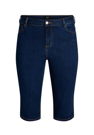 Donkerblauwe denim knielange korte broek met voorste knoop, ritssluiting, riemlussen en voorzakken, afgebeeld tegen een witte achtergrond.