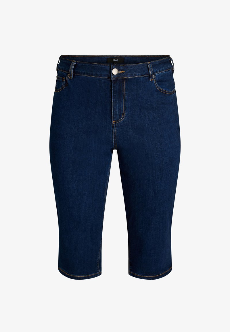 Mørkeblå denim knælange shorts med foran knap, lynlås, bæltestropper og forlommer, vist mod en hvid baggrund.