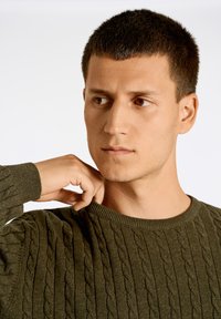 Maglione in cotone verde scuro con motivi a treccia testurizzati, colletto a girocollo a coste e maniche aderenti. Il tessuto sembra morbido e leggermente elastico.