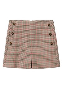 Mini-jupe taille haute avec motif pied-de-poule beige, rouge et noir, pli sur le devant et six boutons marron alignés verticalement de chaque côté.
