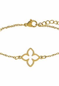 Gouden armband met een bloemvormige hanger en een kreeftsluiting. De ketting heeft kleine schakels en is in lengte verstelbaar. Gladde afwerking.