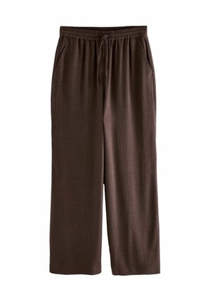Brūni, plati bikses, izgatavotas no teksturēta auduma ar elastīgu jostasvietu un auklu. Iekļautas sānu kabatas.