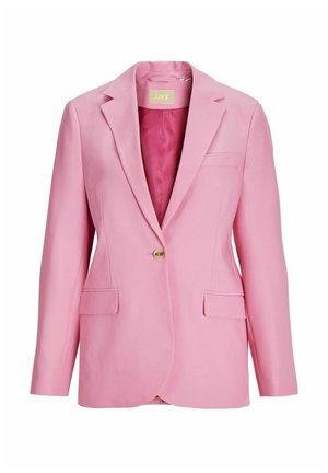 Pink blazer med skarp krave, enkelt guldknap lukning, to forlommer og en glat tekstur. Forede inderside med en kontrastfarve.