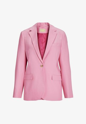 Pink blazer with a sharp lapel, single gold button closure, two front pockets, and a smooth texture. Lined interior with a contrasting color.