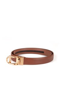 Brown leather belt with gold metal buckle rolled in a circle on a white background.