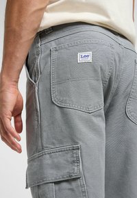 Pantalones cargo grises hechos de tejido duradero, con bolsillos laterales, un bolsillo trasero con parche y la etiqueta del logo de Lee en la cinturilla.