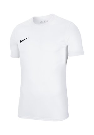 T-shirt de sport blanc à manches courtes avec un col rond et un logo Nike noir sur la poitrine gauche.