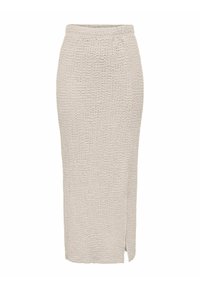 Falda midi texturizada beige con una silueta ajustada y una abertura lateral, confeccionada en un material suave y tejido para mayor comodidad y estilo.