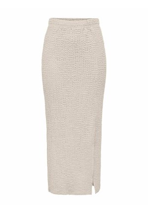 Falda midi texturizada beige con una silueta ajustada y una abertura lateral, confeccionada en un material suave y tejido para mayor comodidad y estilo.