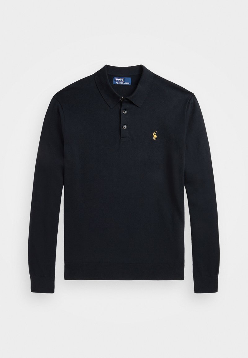 Paita polo pitkähihaisena, tummansininen, valmistettu puuvillasta, jossa on kaulus, kolmoispainonappi ja pieni kultainen logo vasemmalla rinnalla.