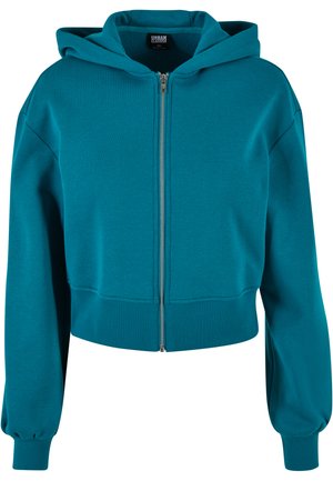 Turkusowy, krótki hoodie wykonany z miękkiego materiału, z przednim zamkiem błyskawicznym, dużym kapturem oraz ściągaczami na mankietach i u dołu, co zapewnia dopasowany wygląd.
