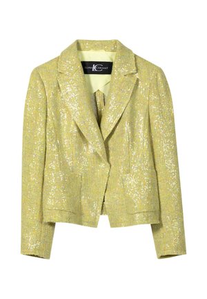 Gelber Tweed-Damenblazer mit Pailletten, Revers mit Kerbe, zwei Fronttaschen und einem Luisa Cerano Etikett innen am Kragen.