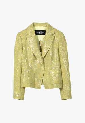 Yellow tweed women's blazer with sequins, notch lapels, two front pockets, and a Luisa Cerano label inside the collar.