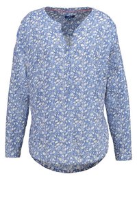 Košile s dlouhým rukávem s modrým květinovým vzorem a bílými listy, zaobleným lemem a knoflíkovou légou na výstřihu. Vyrobena z lehké látky.
