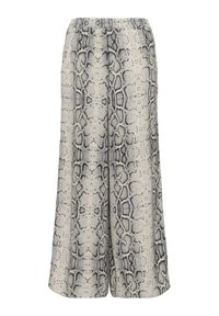 Wijd uitlopende broek met een slangenprint in zwart en crème kleuren. Gemaakt van een lichte, gestructureerde stof met een elastische tailleband.