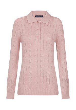 Roze kabelgebreide trui met een kraag, driedelige knoopsluiting en geribde manchetten en onderrand. Zachte textuur met een klassiek ontwerp.