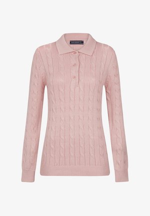 Rosa Kabelstrickpullover mit kragenförmigem Ausschnitt, drei-Knopf-Leiste und gerippten Bündchen und Saum. Weiche Textur mit klassischem Design.