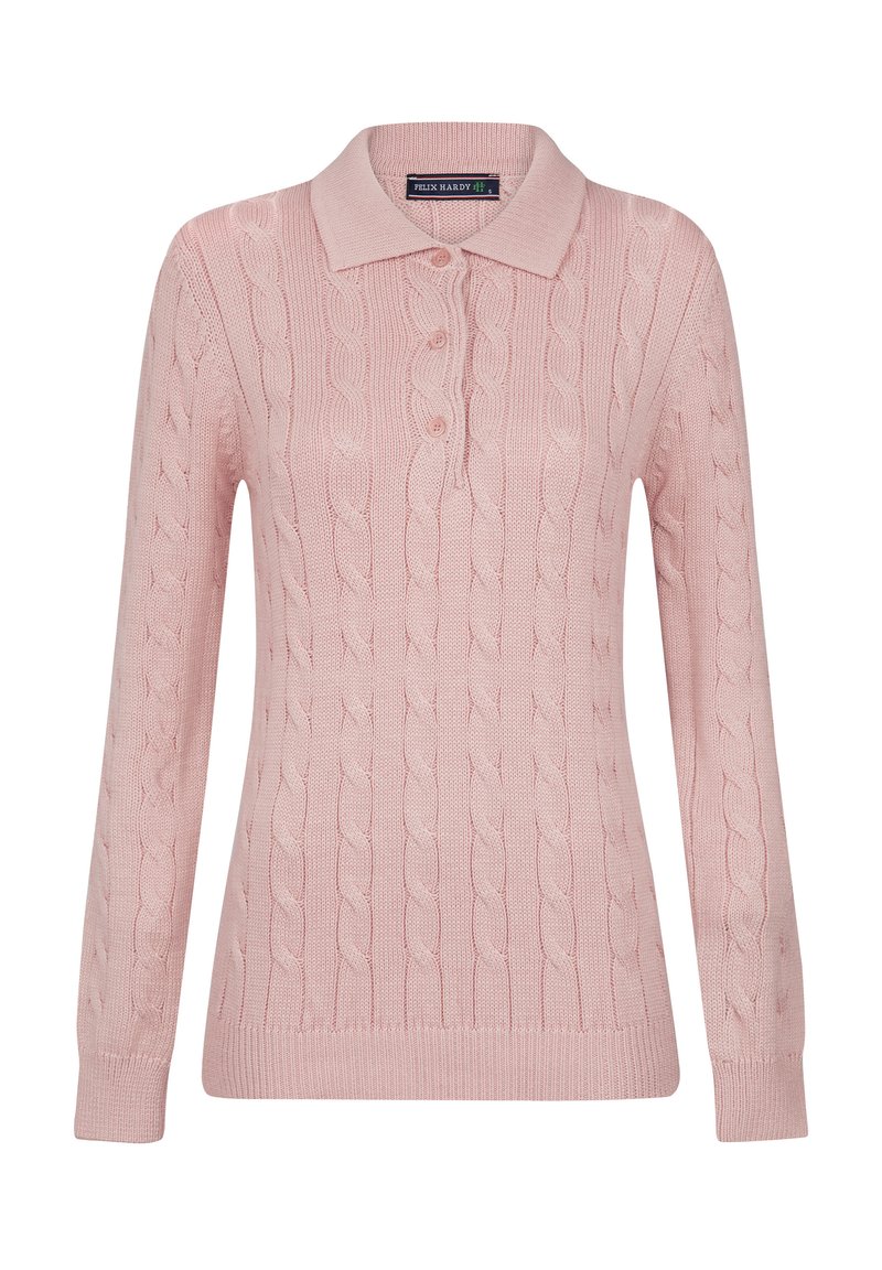 Maglione rosa a treccia con collo a camicia, patta con tre bottoni e polsini e orlo a costine. Tessuto morbido con un design classico.