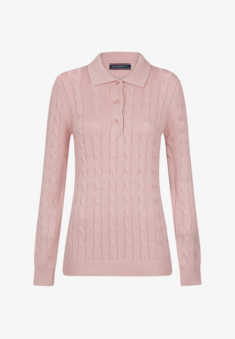 Rosa Kabelstrickpullover mit kragenförmigem Ausschnitt, drei-Knopf-Leiste und gerippten Bündchen und Saum. Weiche Textur mit klassischem Design.