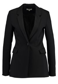 Blazer nero con chiusura a un bottone, vestibilità su misura, rever a punta e tasche anteriori con pattina. Tessuto liscio e design elegante.