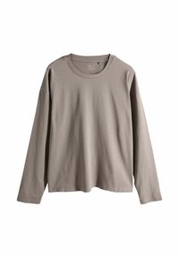 Langarm-T-Shirt in gedämpftem Taupe, aus weicher Baumwolle gefertigt. Mit Rundhalsausschnitt, lässiger Passform und ohne sichtbare Muster oder Akzente.