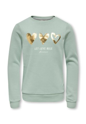 Sweat-shirt vert clair à manches longues avec trois cœurs dorés et le texte « LET LOVE RULE » imprimé sur le devant.