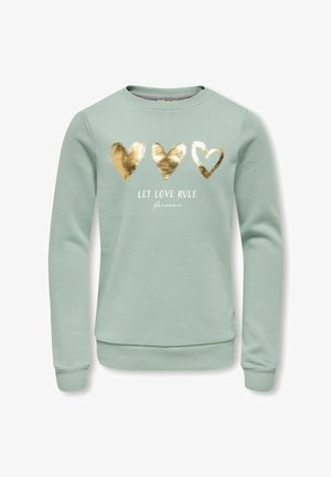 Sweat-shirt vert clair à manches longues avec trois cœurs dorés et le texte « LET LOVE RULE » imprimé sur le devant.