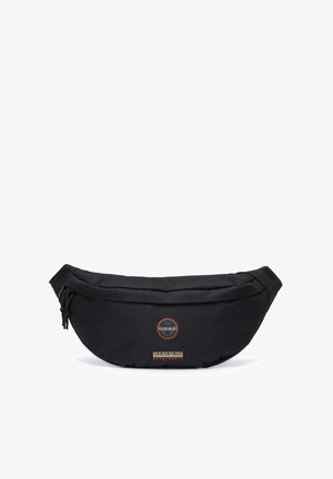 Schwarzer Nylon-Hüfttasche mit runder Form, die ein auffälliges kreisförmiges Logo und ein strukturiertes Akzentfeld aufweist. Verstellbarer Gurt inklusive.