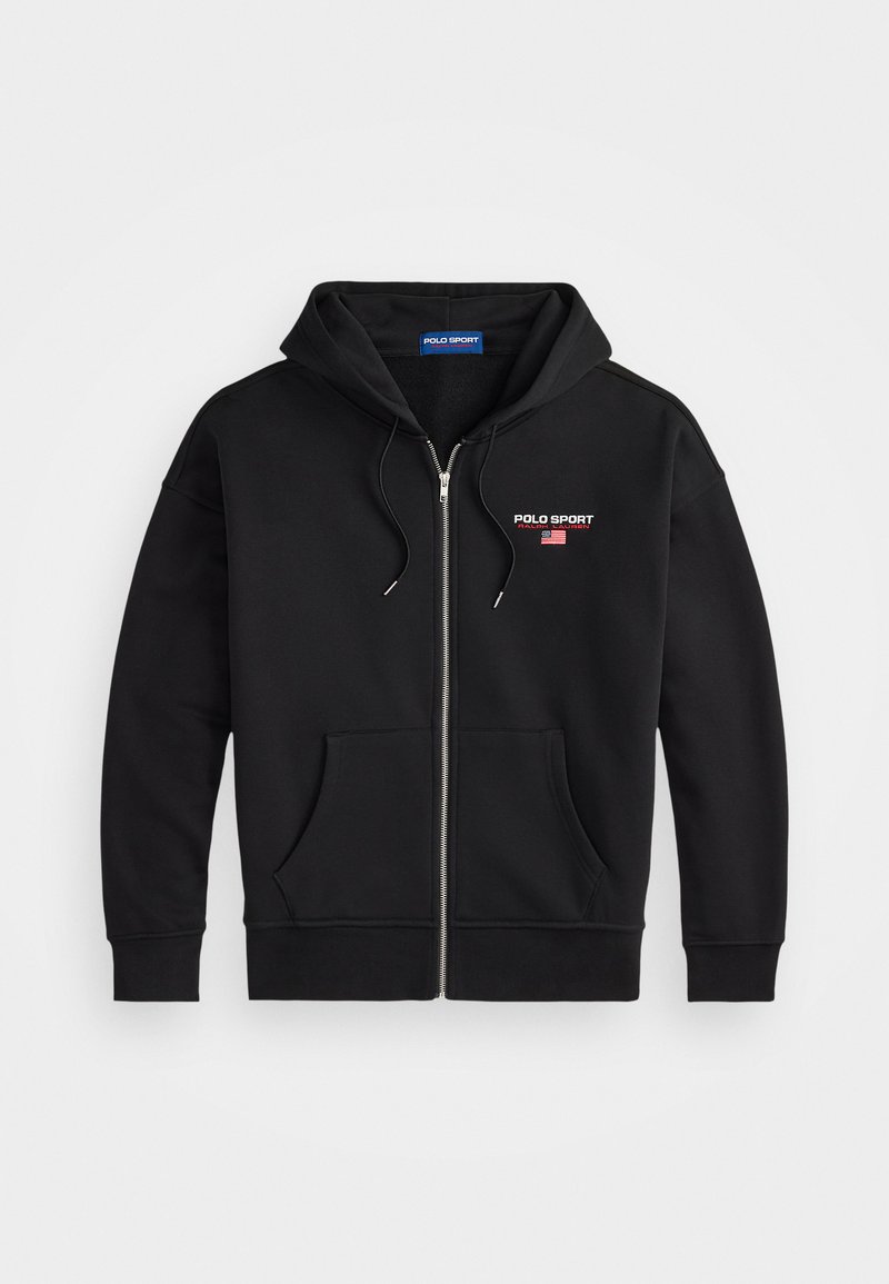 Czarna bluza z kapturem na zamek błyskawiczny, z kieszeniami z przodu, sznurkiem do ściągania i małym logo "Polo Sport Ralph Lauren" z flagą na piersi.