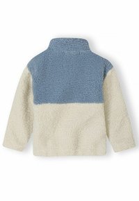 Fleecejacke in creme und hellblau mit einer strukturierten, flauschigen Oberfläche. Verfügt über einen hohen Kragen und lange Ärmel. Einfaches Farbschema im Color-Blocking-Design.