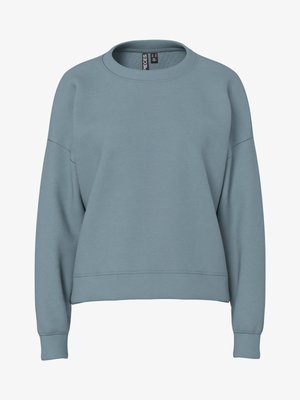 Light blue crewneck sweatshirt with long sleeves and ribbed cuffs, featuring a slightly cropped, relaxed fit.