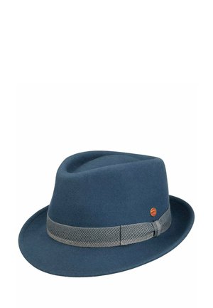 Blue fedora hat with a gray herringbone patterned band and small round red emblem on the side, isolated on white background.