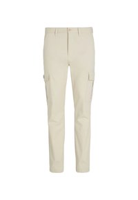 Pantalones cargo beige de algodón, con bolsillos laterales, un corte ajustado y un diseño de pierna recta. Textura suave con un detalle mínimo.