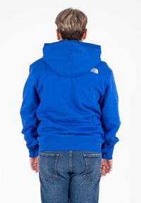 Felpa blu con cappuccio, dotata di tasca a marsupio, polsini e orlo a coste, e un piccolo logo bianco sulla spalla destra sul retro. Indossata con jeans di denim.