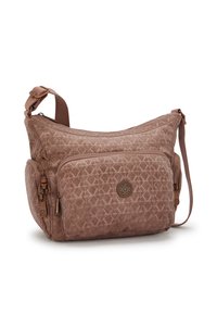 Texturiertes braunes Schultertasche mit geometrischem Muster, verstellbarem Gurt, mit Reißverschluss versehenen Fächern und bronzefarbenen Hardware-Akzenten.
