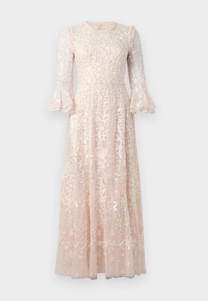 Long pink dress with floral embroidery and silver accents. Sheer sleeves with bell-shaped cuffs. Floor-length and fitted at the waist.