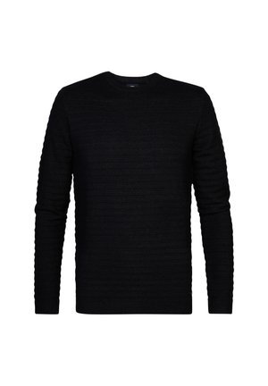 Pulover negru realizat dintr-un material texturat, cu un design cu nervuri pe corp și mâneci, având guler rotund și mâneci lungi.