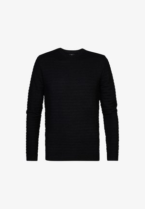 Pulover negru realizat dintr-un material texturat, cu un design cu nervuri pe corp și mâneci, având guler rotund și mâneci lungi.