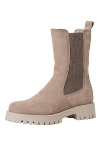 Lichtbeige enkellaars met een gladde suède stof, elastische zijkanten en een robuuste crèmekleurige zool. Voorzien van een lipje voor gemakkelijke instap.