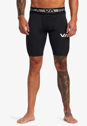 Zwarte compressie shorts met een grijze tailleband met een logo. Materiaal is glad met een strakke pasvorm, ontworpen voor sportkleding.